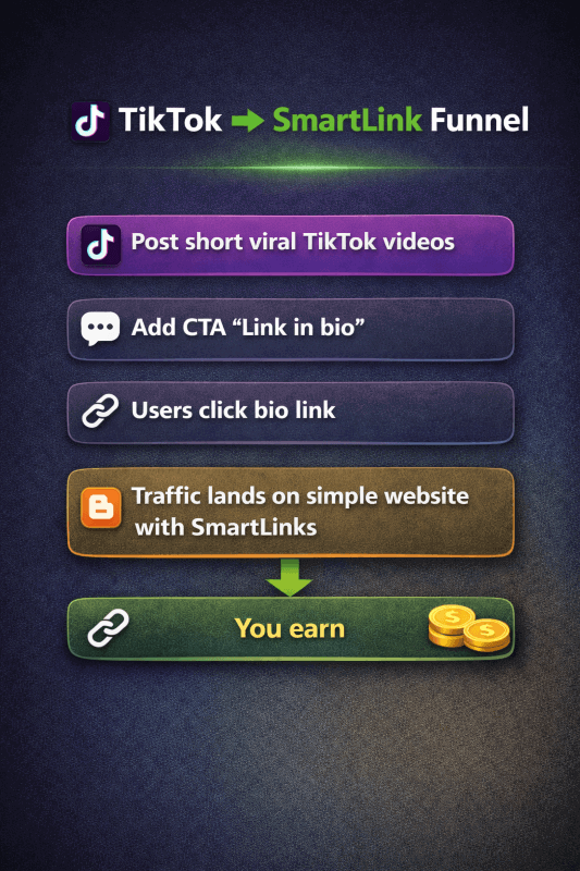 Monetag - diagram: TikTok to SmartLink funnel with link in bio, clicks, SmartLinks site, and earnings.