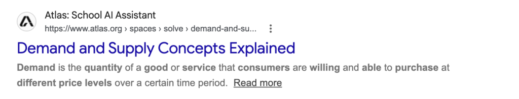 Monetag search result showing a demand and supply explanation, illustrating how similar good content competes for audience attention.