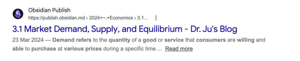 Monetag - search result for market demand, supply, and equilibrium, showing how similar articles compete on the same search page.