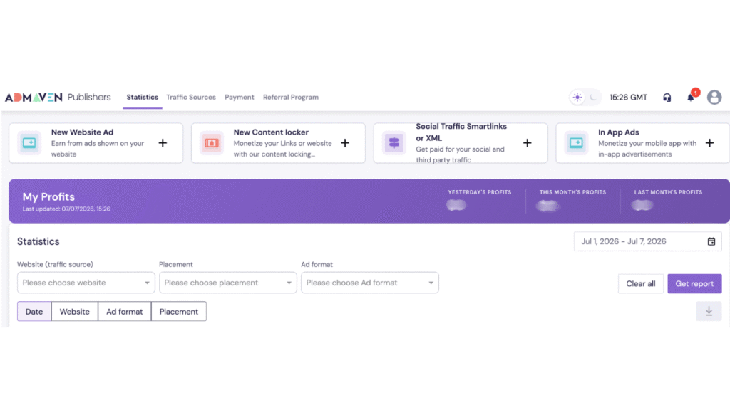 Monetag - image of the AdMaven publisher dashboard showing website ads, content lockers, Smartlinks, in-app ads, and profit statistics.