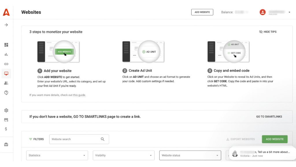 Monetag - image of the Adsterra publisher dashboard showing the three steps to monetize a website with ad units.