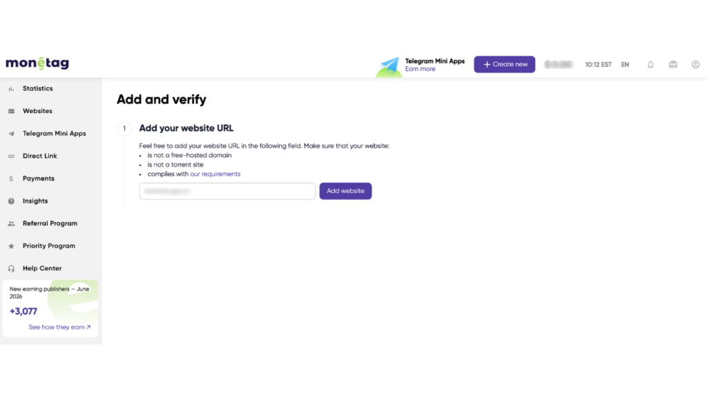 Monetag - publisher dashboard showing how to add and verify a website as a PopAds alternative.